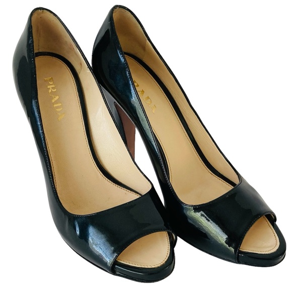 Prada Peep Toe Open Toe Black Patent Leather Pumps Heels - Picture 1 of 15